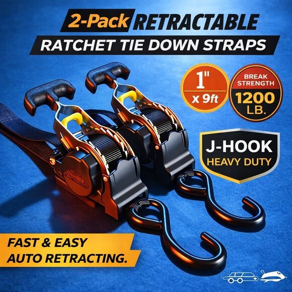 Heavy Duty Retractable Ratchet Straps (2-Pack) – Truck, Trailer and Garage Tool - Picture 2 of 16